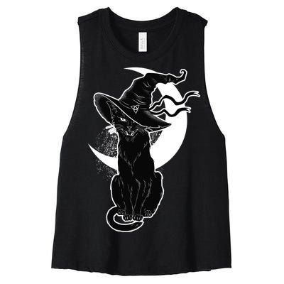 Vintage Scary Halloween Black Cat Moon Witch Women's Racerback Cropped Tank