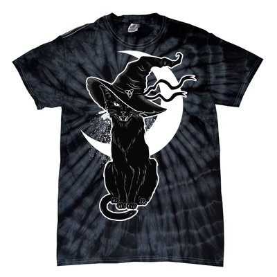 Vintage Scary Halloween Black Cat Moon Witch Tie-Dye T-Shirt