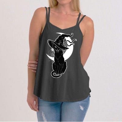 Vintage Scary Halloween Black Cat Moon Witch Women's Strappy Tank