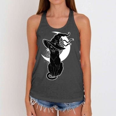 Vintage Scary Halloween Black Cat Moon Witch Women's Knotted Racerback Tank