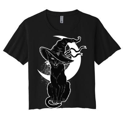 Vintage Scary Halloween Black Cat Moon Witch Women's Crop Top Tee