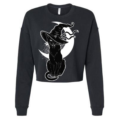 Vintage Scary Halloween Black Cat Moon Witch Cropped Pullover Crew