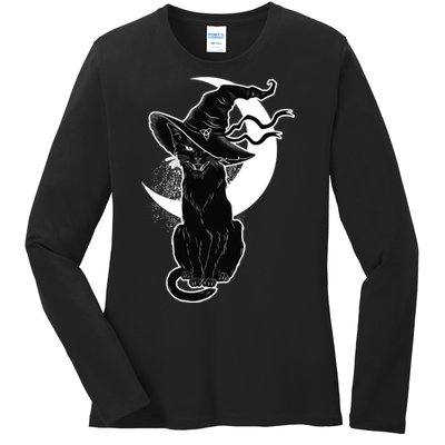 Vintage Scary Halloween Black Cat Moon Witch Ladies Long Sleeve Shirt