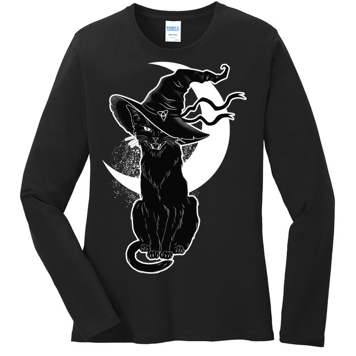 Vintage Scary Halloween Black Cat Moon Witch Ladies Long Sleeve Shirt