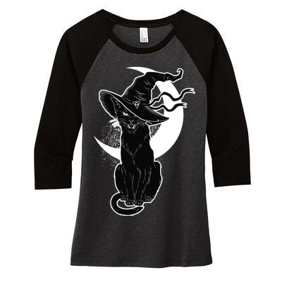 Vintage Scary Halloween Black Cat Moon Witch Women's Tri-Blend 3/4-Sleeve Raglan Shirt