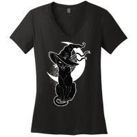 Vintage Scary Halloween Black Cat Moon Witch Women's V-Neck T-Shirt