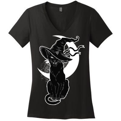 Vintage Scary Halloween Black Cat Moon Witch Women's V-Neck T-Shirt