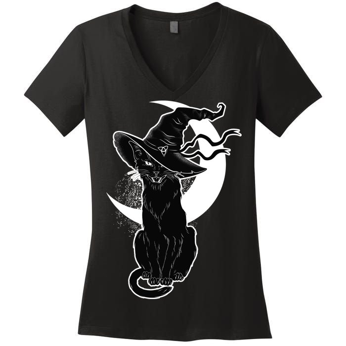 Vintage Scary Halloween Black Cat Moon Witch Women's V-Neck T-Shirt