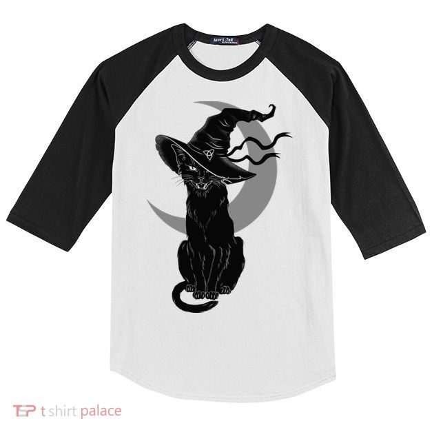 Vintage Scary Halloween Black Cat Moon Witch Kids Colorblock Raglan Jersey