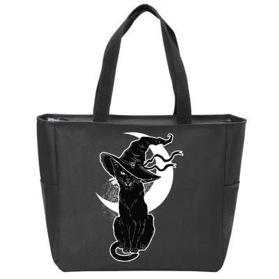 Vintage Scary Halloween Black Cat Moon Witch Zip Tote Bag