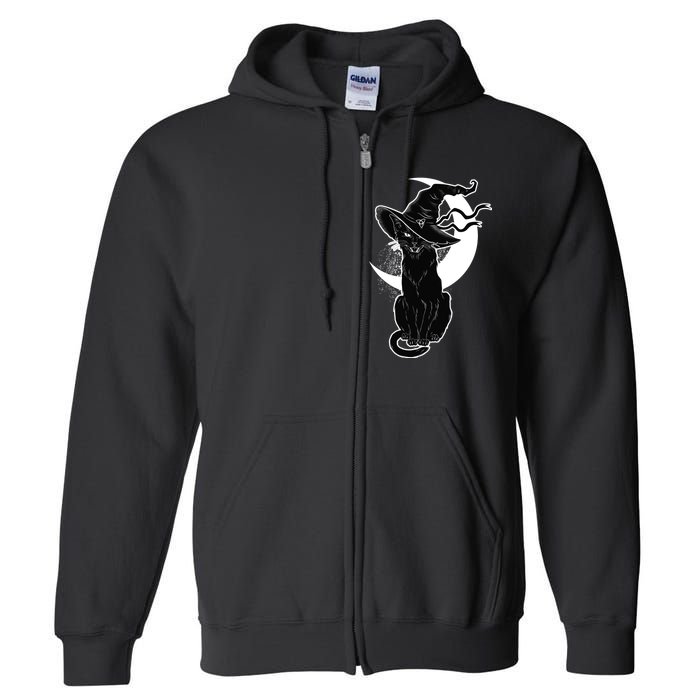 Vintage Scary Halloween Black Cat Moon Witch Full Zip Hoodie