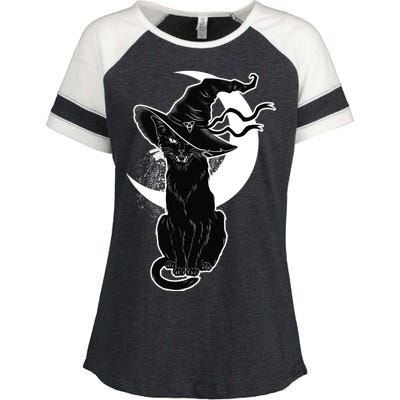 Vintage Scary Halloween Black Cat Moon Witch Enza Ladies Jersey Colorblock Tee