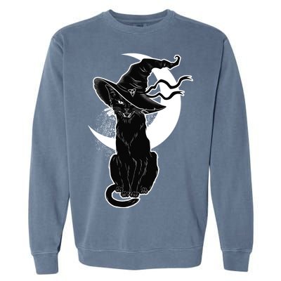 Vintage Scary Halloween Black Cat Moon Witch Garment-Dyed Sweatshirt