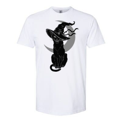 Vintage Scary Halloween Black Cat Moon Witch Softstyle CVC T-Shirt