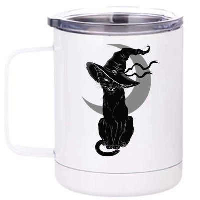 Vintage Scary Halloween Black Cat Moon Witch 12 oz Stainless Steel Tumbler Cup