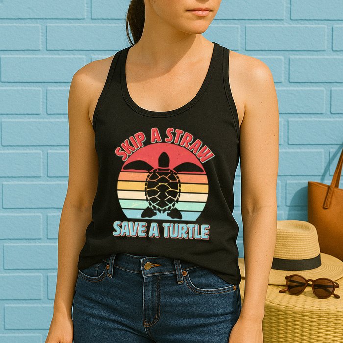 Vintage Skip A Straw Save A Turtle Womens Tank Top