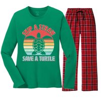 Vintage Skip A Straw Save A Turtle Women's Long Sleeve Flannel Pajama Set 