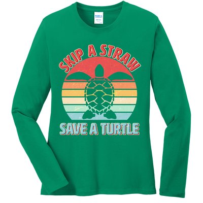 Vintage Skip A Straw Save A Turtle Ladies Long Sleeve Shirt