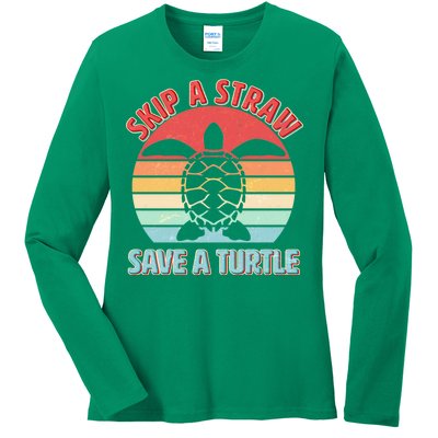 Vintage Skip A Straw Save A Turtle Ladies Long Sleeve Shirt