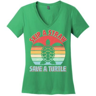 Vintage Skip A Straw Save A Turtle Women's V-Neck T-Shirt