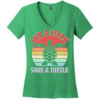 Vintage Skip A Straw Save A Turtle Women's V-Neck T-Shirt