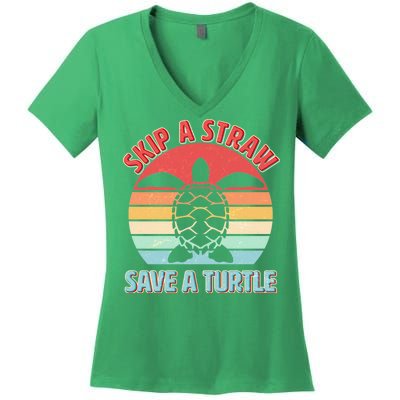 Vintage Skip A Straw Save A Turtle Women's V-Neck T-Shirt