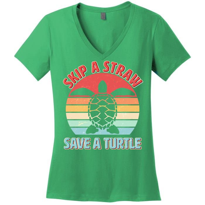 Vintage Skip A Straw Save A Turtle Women's V-Neck T-Shirt