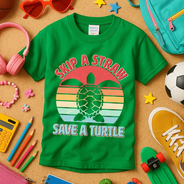 Vintage Skip A Straw Save A Turtle Kids T-Shirt