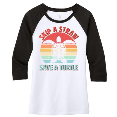 Vintage Skip A Straw Save A Turtle Women's Tri-Blend 3/4-Sleeve Raglan Shirt