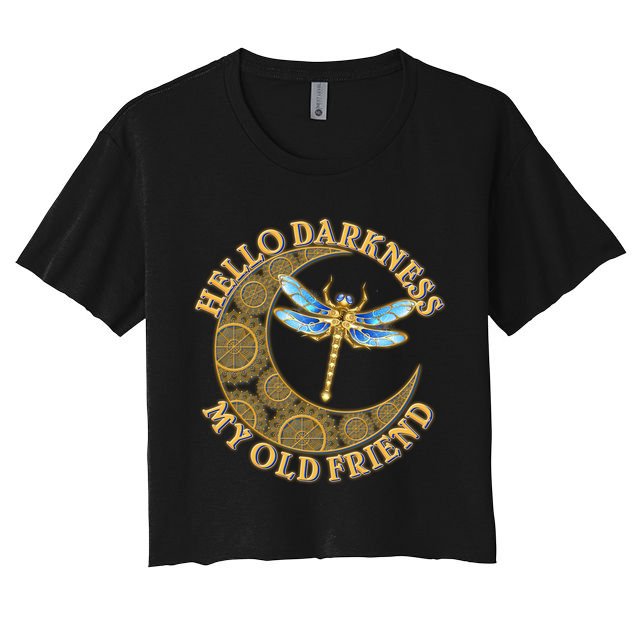 Vintage Steampunk Dragonfly Moon Hello Darkness My Old Friend Crop Top