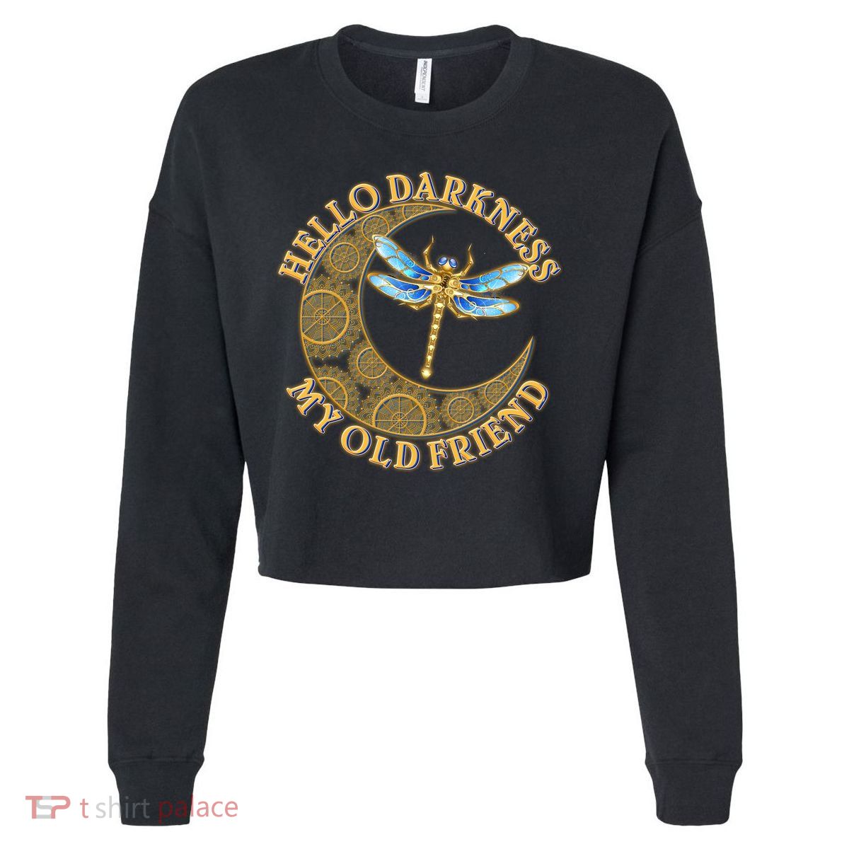 Vintage Steampunk Dragonfly Moon Hello Darkness My Old Friend Cropped Pullover Crew