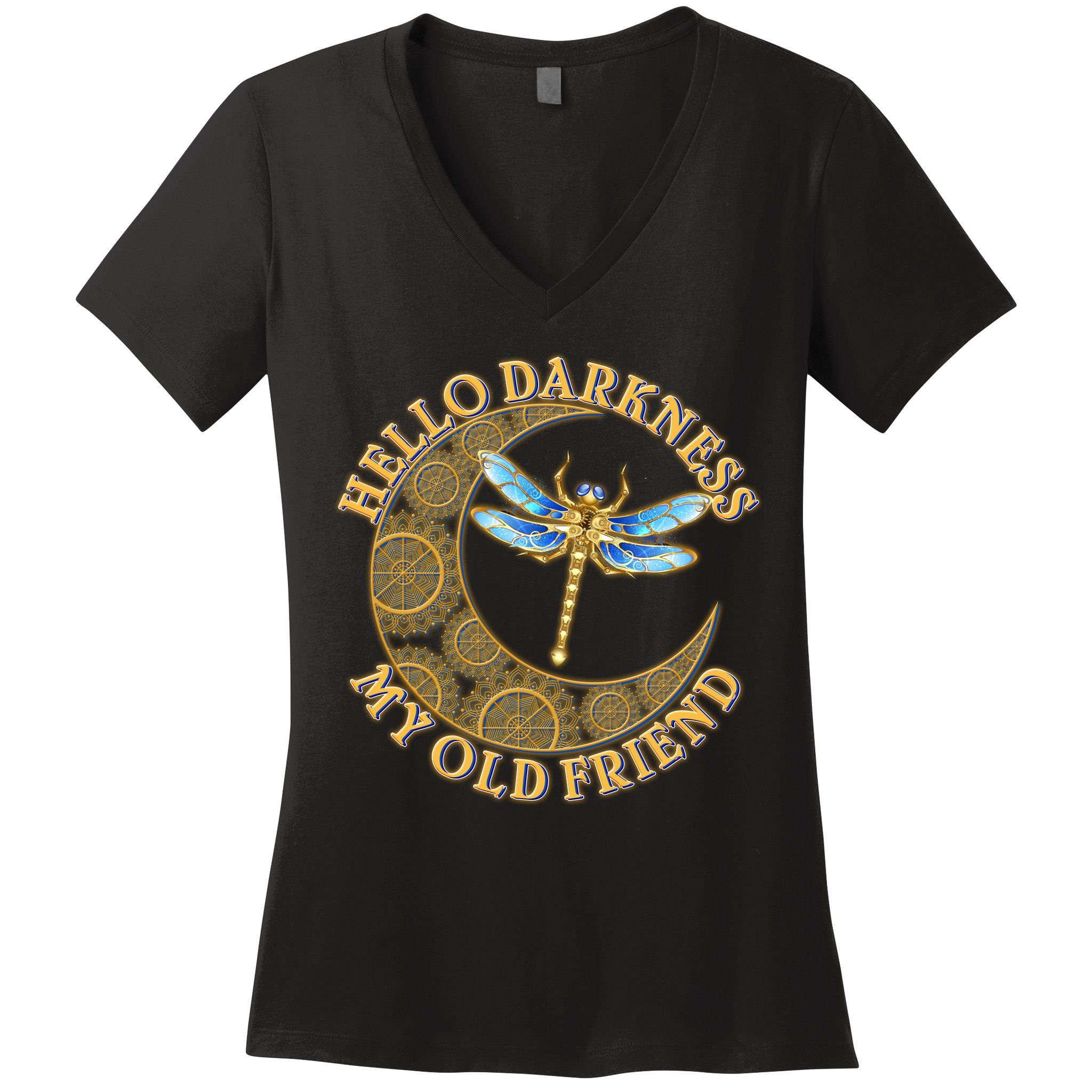 Vintage Steampunk Dragonfly Moon Hello Darkness My Old Friend Women's V-Neck T-Shirt