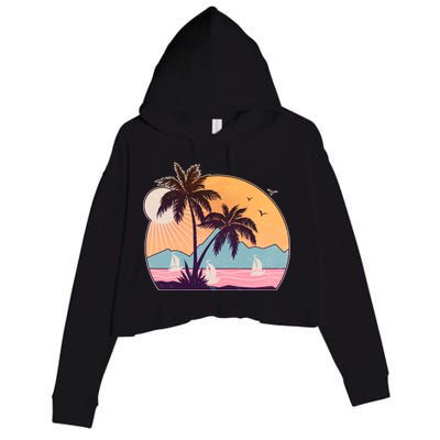 Vintage Summer Beach Emblem Crop Fleece Hoodie