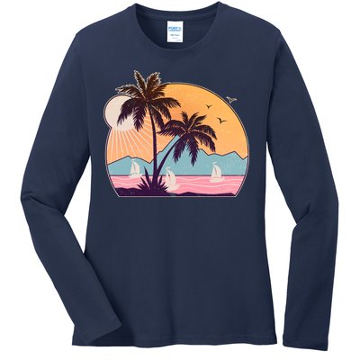 Vintage Summer Beach Emblem Ladies Long Sleeve Shirt