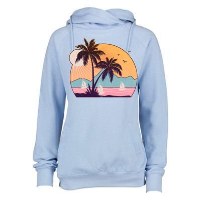 Vintage Summer Beach Emblem Womens Funnel Neck Pullover Hood