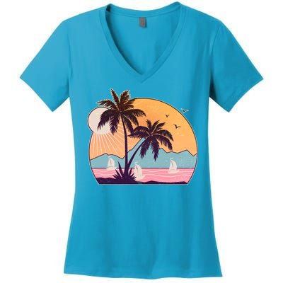 Vintage Summer Beach Emblem Women's V-Neck T-Shirt