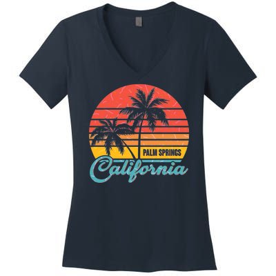 Vintage Sun Palm Trees Palm Springs California Women's V-Neck T-Shirt