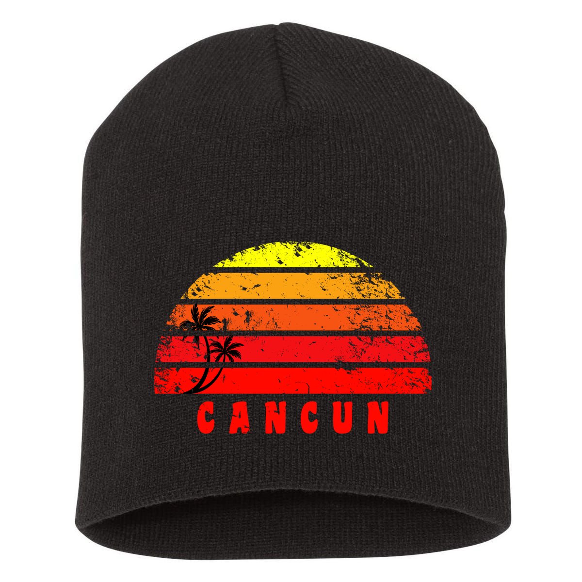 Vintage Sunset Cancun Mexico Palm Tree Short Acrylic Beanie