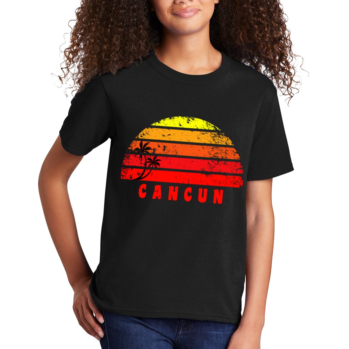 Vintage Sunset Cancun Mexico Palm Tree Kids T-Shirt