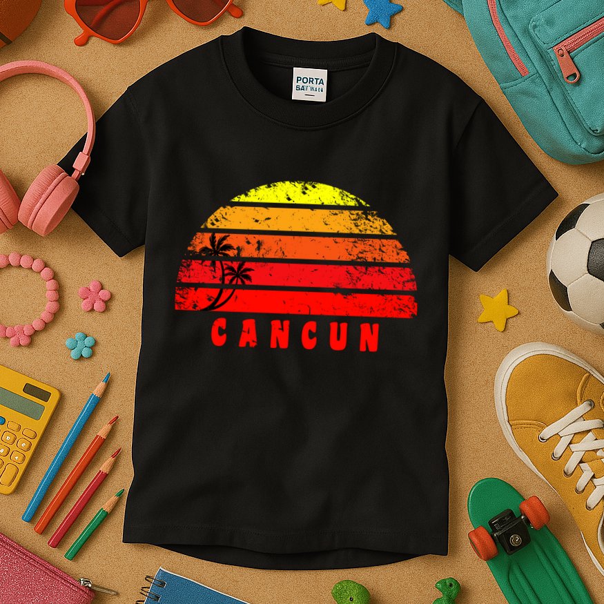 Vintage Sunset Cancun Mexico Palm Tree Kids T-Shirt