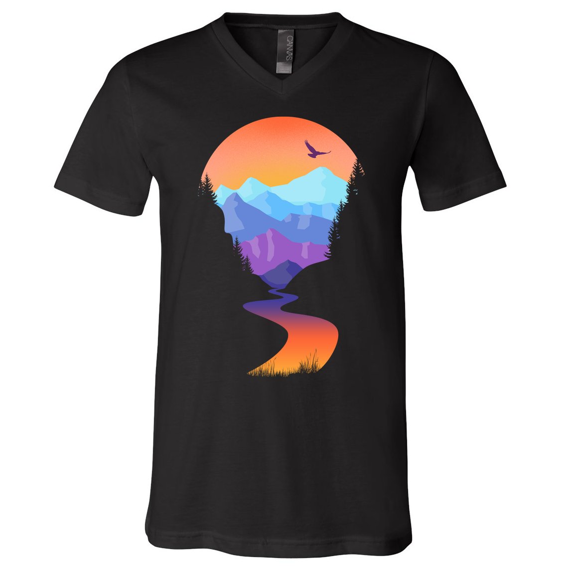 Vintage Sunset Mountain River V-Neck T-Shirt