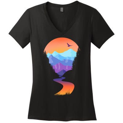 Vintage Sunset Mountain River Women's V-Neck T-Shirt