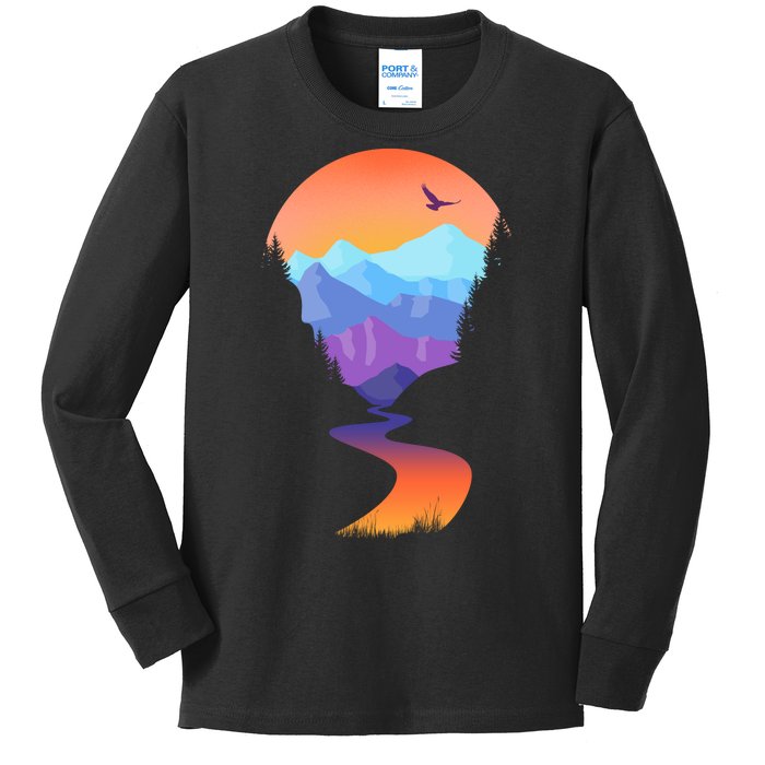 Vintage Sunset Mountain River Kids Long Sleeve Shirt