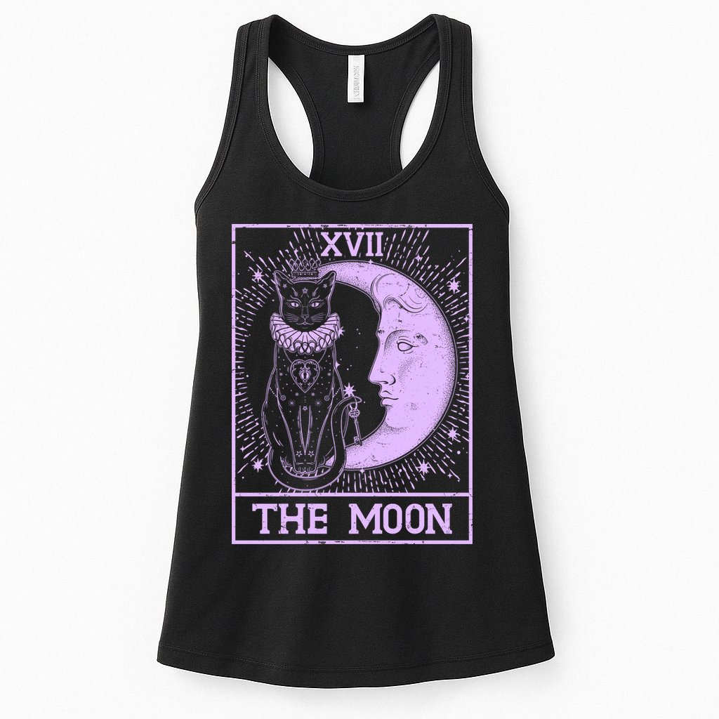 Vintage Tarot Card XVII The Moon Black Cat Womens Tank Top