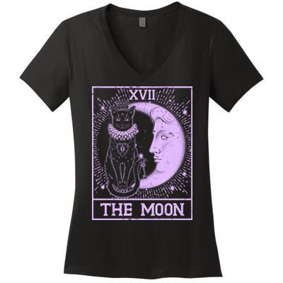 Vintage Tarot Card XVII The Moon Black Cat Women's V-Neck T-Shirt