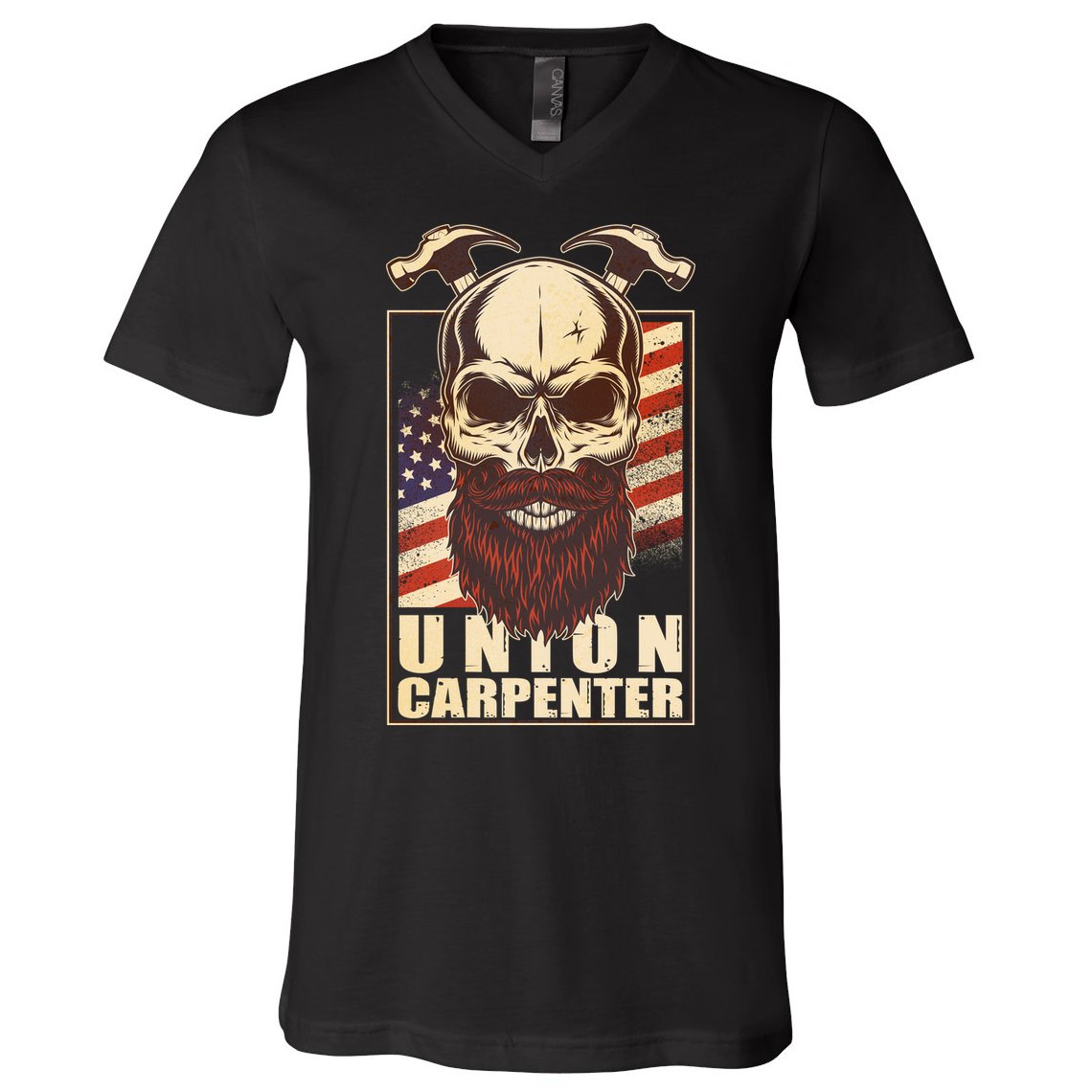 Vintage Union American Carpenter Bearded Skull V-Neck T-Shirt