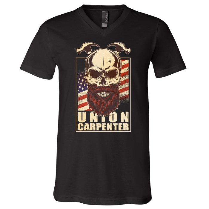 Vintage Union American Carpenter Bearded Skull V-Neck T-Shirt