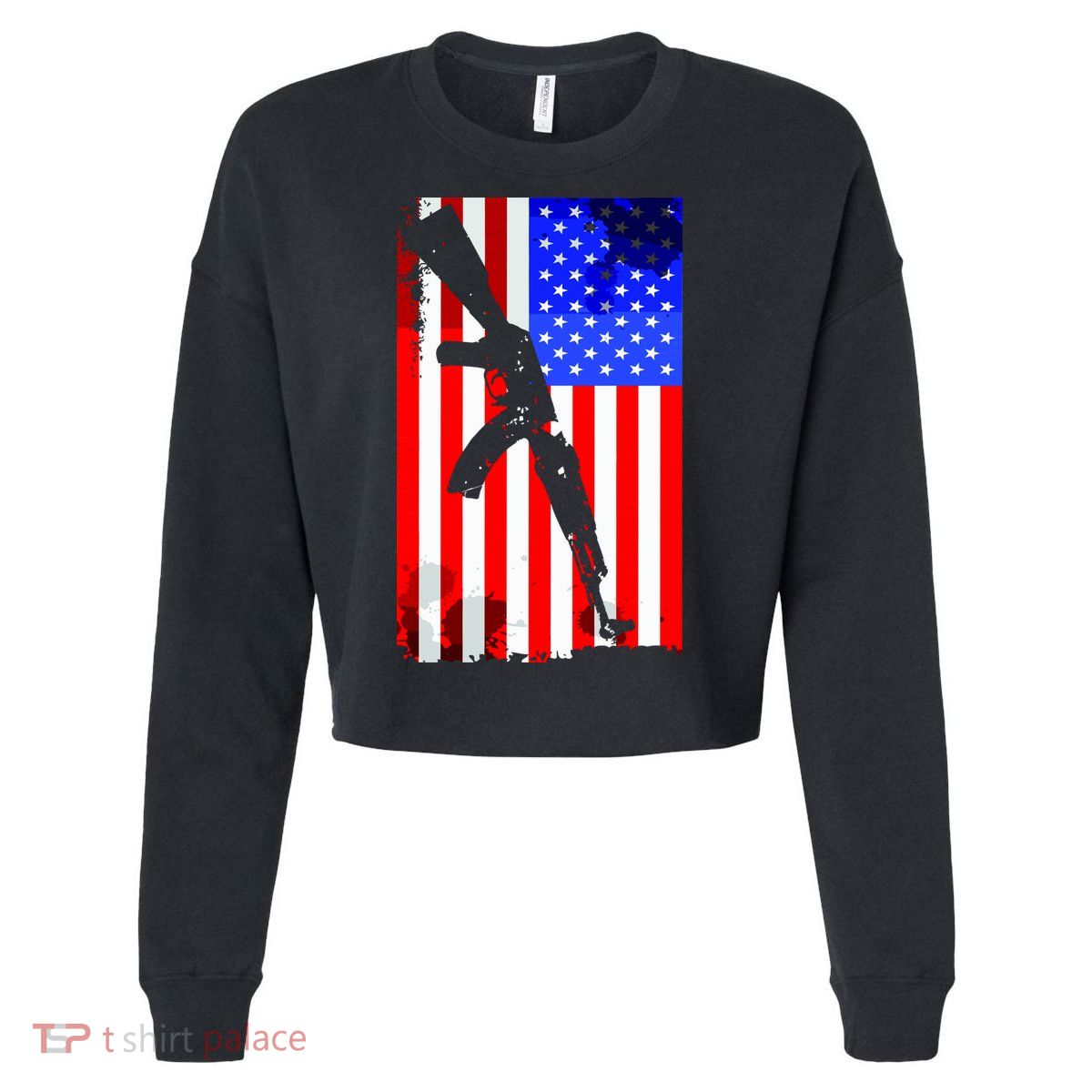 Vintage USA AK-47 Gun American Flag Cropped Pullover Crew