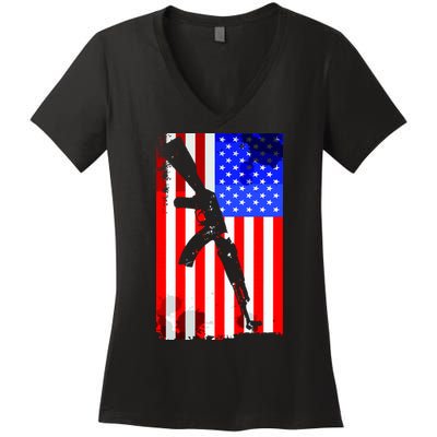 Vintage USA AK-47 Gun American Flag Women's V-Neck T-Shirt