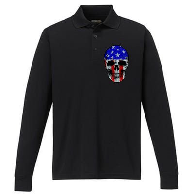 Vintage USA American Patriot Skull Performance Long Sleeve Polo